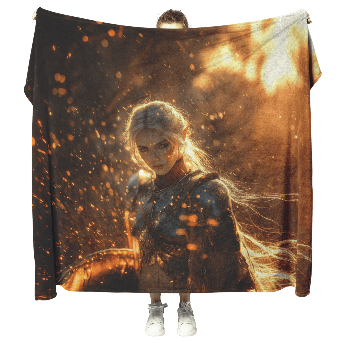Blood Elf Paladin Fleece Sherpa Blanket Silver Red Armor Golden Glow Shield Light Trails Serene Majestic WoW Design - Awakening Righteousness