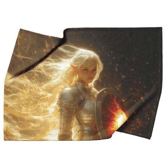 Blood Elf Paladin Fleece Sherpa Blanket Silver Red Armor Golden Glow Shield Light Trails Serene Majestic WoW Design - Awakening Righteousness