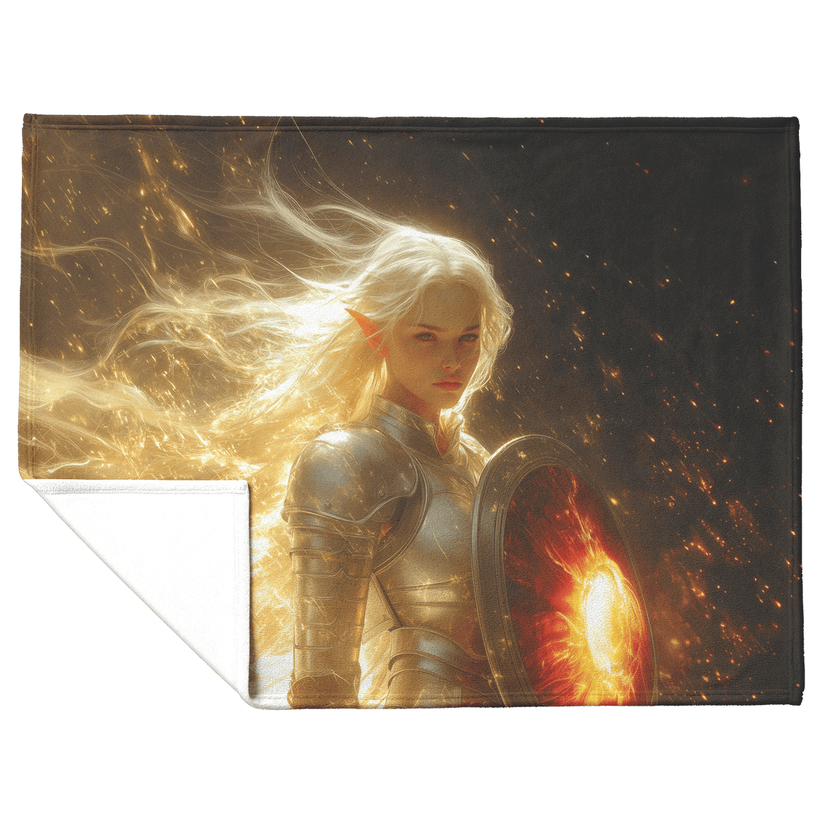 Blood Elf Paladin Fleece Sherpa Blanket Silver Red Armor Golden Glow Shield Light Trails Serene Majestic WoW Design - Awakening Righteousness