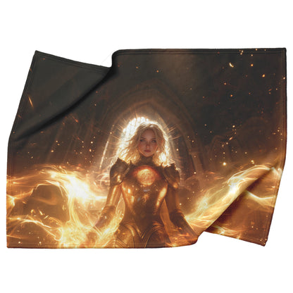 Blood Elf Paladin Fleece Sherpa Blanket Sunlit Temple Golden Armor Light Rays Radiant Accents Peaceful Powerful Design - Awakening Righteousness