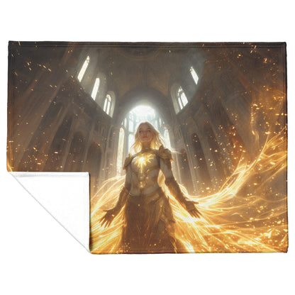 Blood Elf Paladin Fleece Sherpa Blanket Sunlit Temple Golden Armor Light Rays Radiant Accents Peaceful Powerful Design - Awakening Righteousness