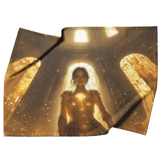 Blood Elf Paladin Fleece Sherpa Blanket Sunlit Temple Golden Armor Light Rays Radiant Accents Peaceful Powerful WoW Design - Awakening Righteousness