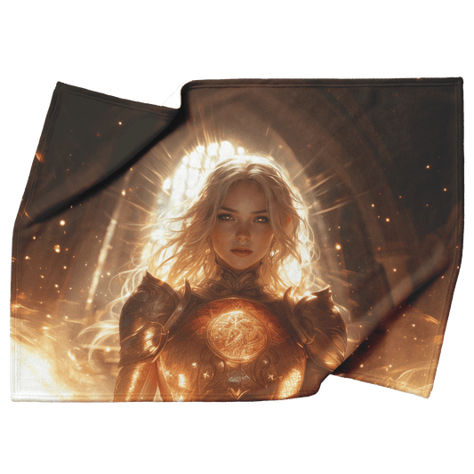 Blood Elf Paladin Fleece Sherpa Blanket Sunlit Temple Golden Patterns Light Rays Radiant Accents Peaceful Powerful Design - Awakening Righteousness