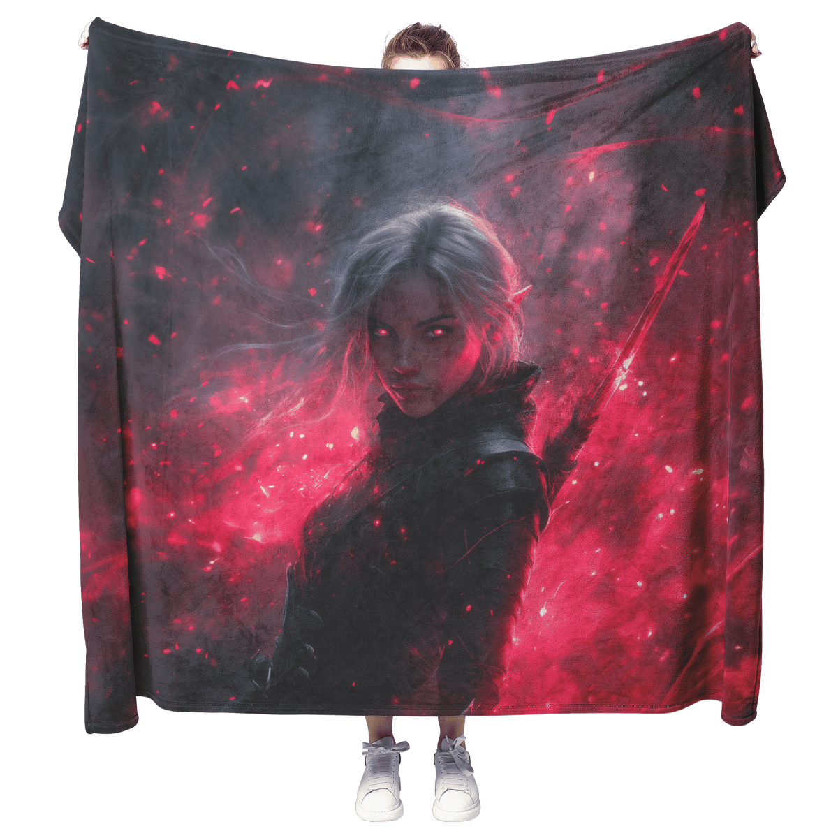 Blood Elf Rogue Fleece Sherpa Blanket Black Leather Red Daggers Mist Light Trails Bold Stealthy WoW Design - Awakening Righteousness