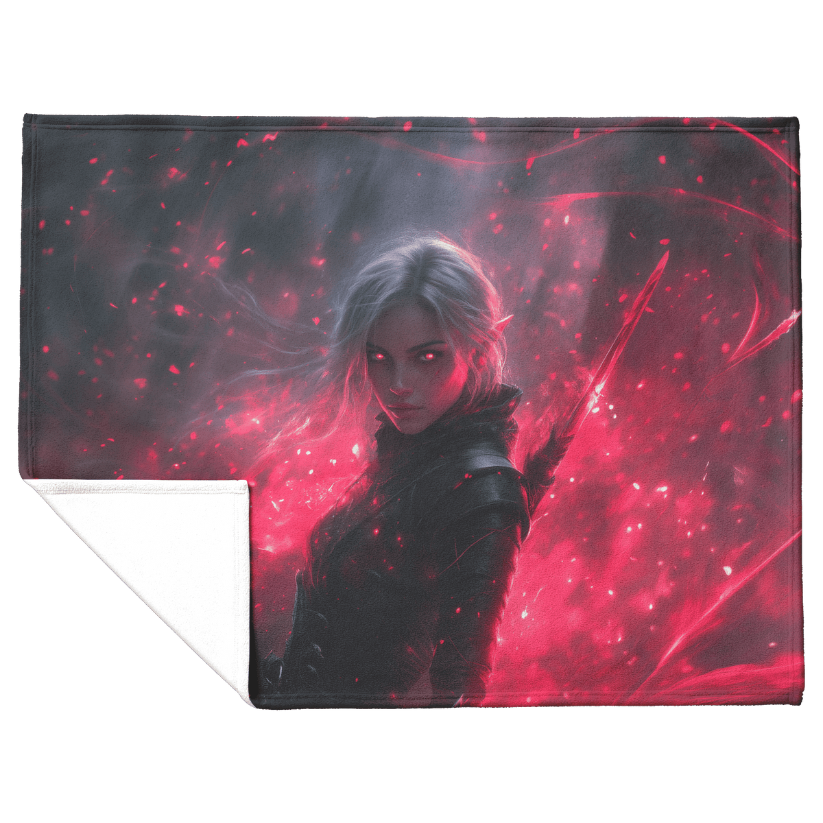 Blood Elf Rogue Fleece Sherpa Blanket Black Leather Red Daggers Mist Light Trails Bold Stealthy WoW Design - Awakening Righteousness