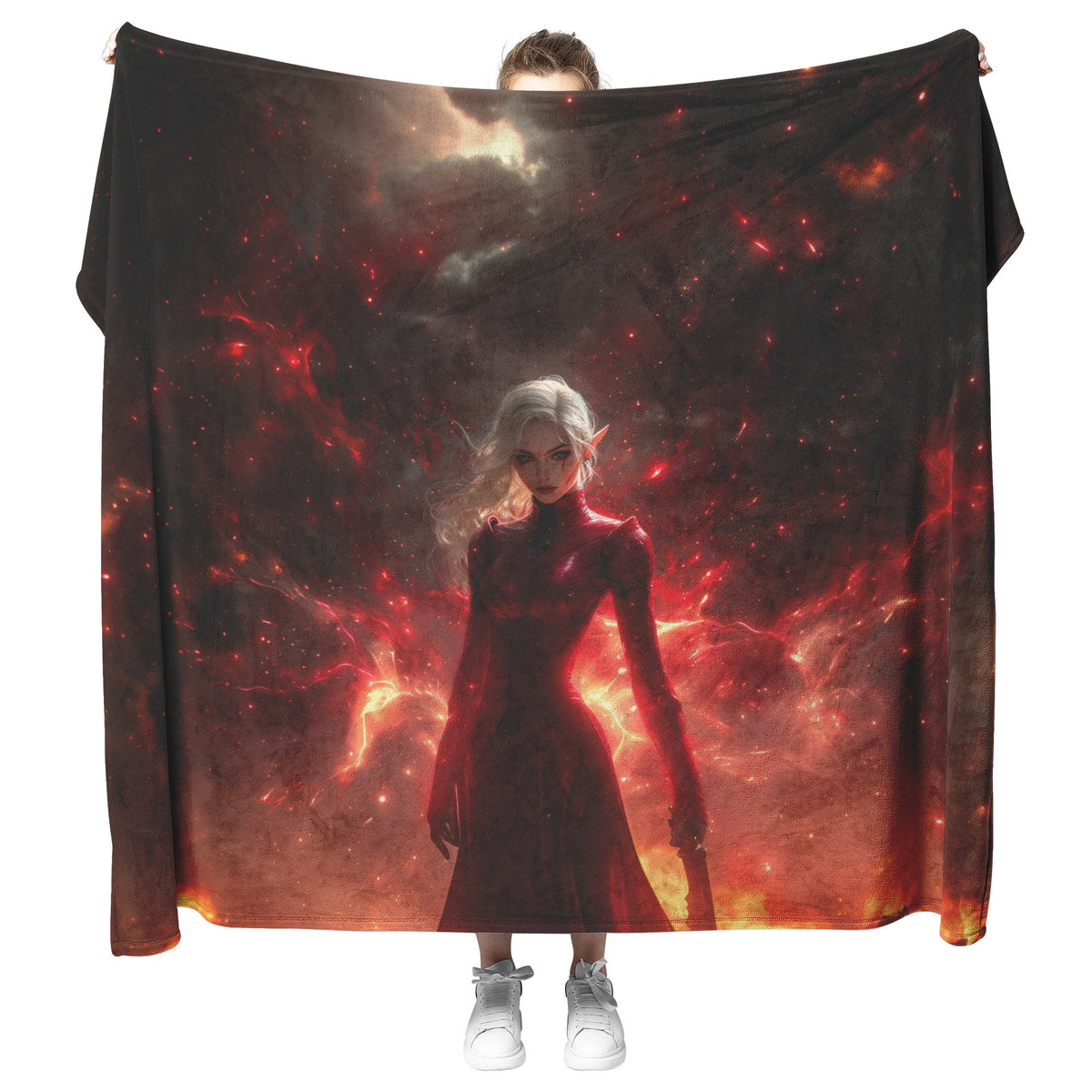 Blood Elf Rogue Fleece Sherpa Blanket Crimson Blades Shimmering Stars Radiant Reflections Bold Powerful WoW Design - Awakening Righteousness