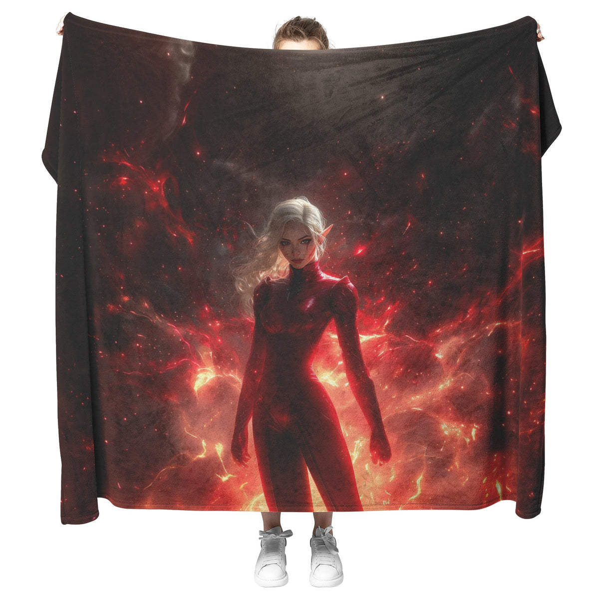 Blood Elf Rogue Fleece Sherpa Blanket Crimson Blades Shimmering Stars Radiant Reflections Bold Powerful WoW Design - Awakening Righteousness