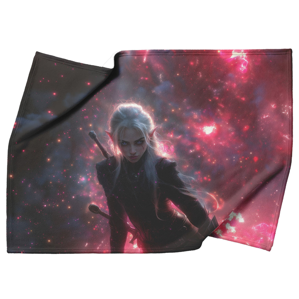 Blood Elf Rogue Fleece Sherpa Blanket Dual Daggers Cosmic Textures Shimmering Stars Bold Inspiring WoW Design - Awakening Righteousness