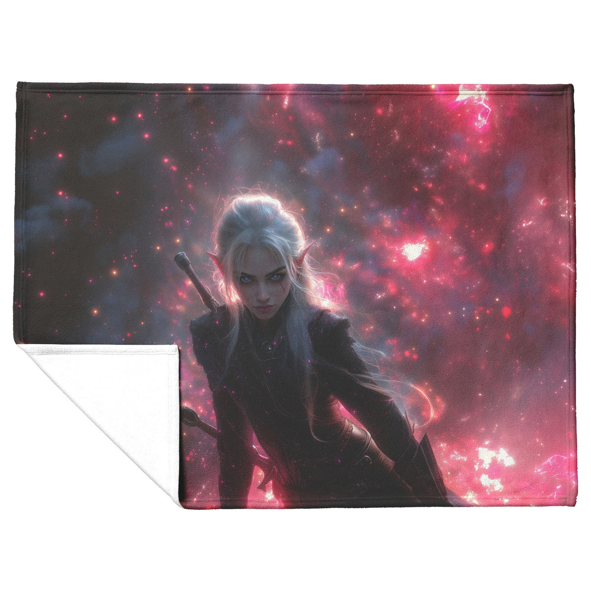 Blood Elf Rogue Fleece Sherpa Blanket Dual Daggers Cosmic Textures Shimmering Stars Bold Inspiring WoW Design - Awakening Righteousness