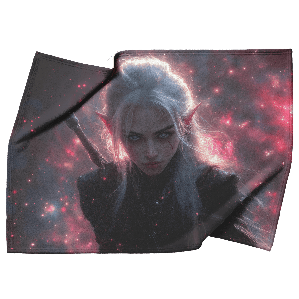 Blood Elf Rogue Fleece Sherpa Blanket Dual Daggers Shimmering Stars Cosmic Textures Bold Inspiring WoW Design - Awakening Righteousness