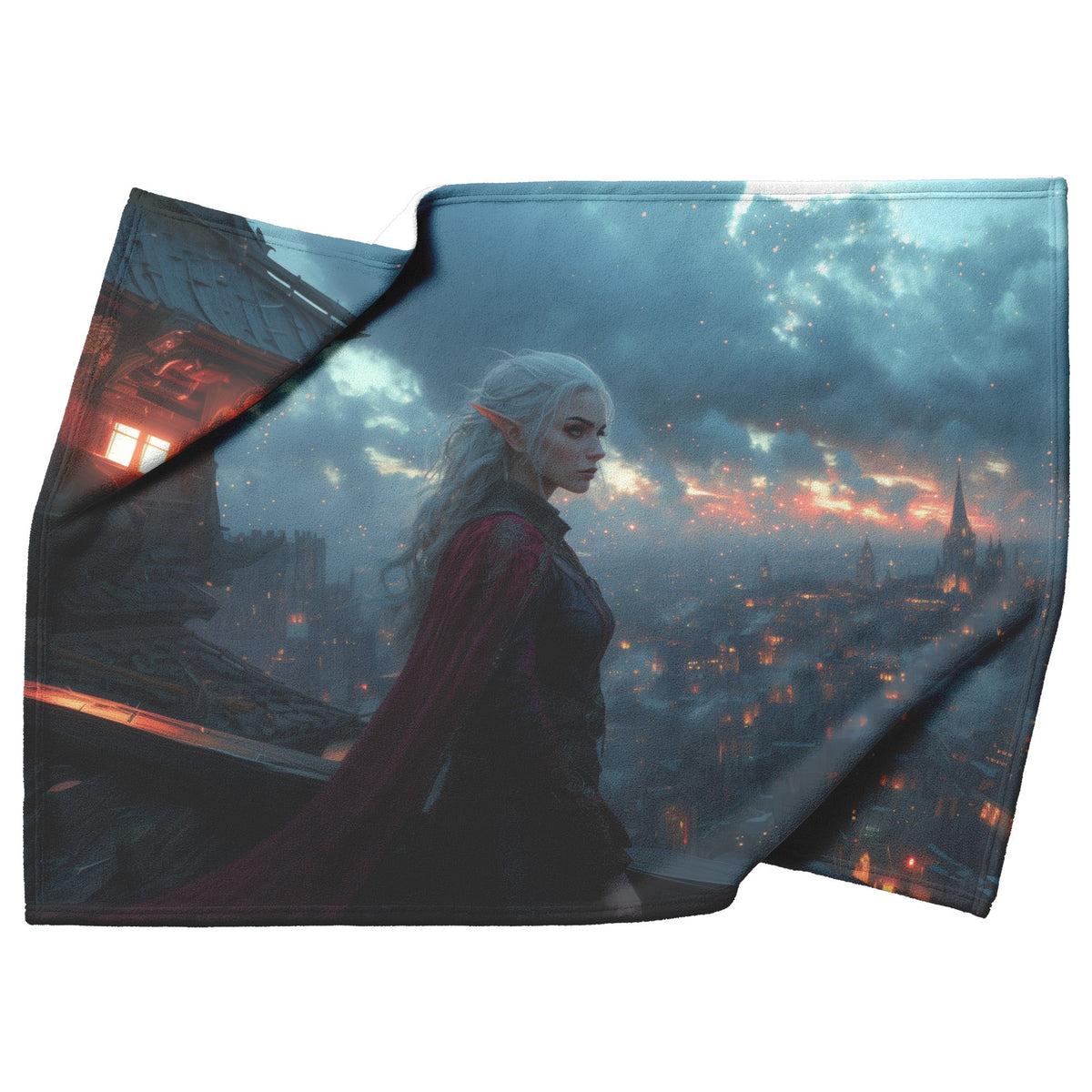 Blood Elf Rogue Fleece Sherpa Blanket Rooftop Stars Light Trails Mysterious Elegant WoW Design - Awakening Righteousness