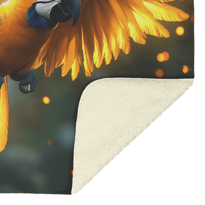 Blue and Gold Macaw Flying Gracefully Through Glowing Rainforest Under Twilight Sky With Iridescent Wings Fleece Sherpa Blanket - Awakening Righteousness
