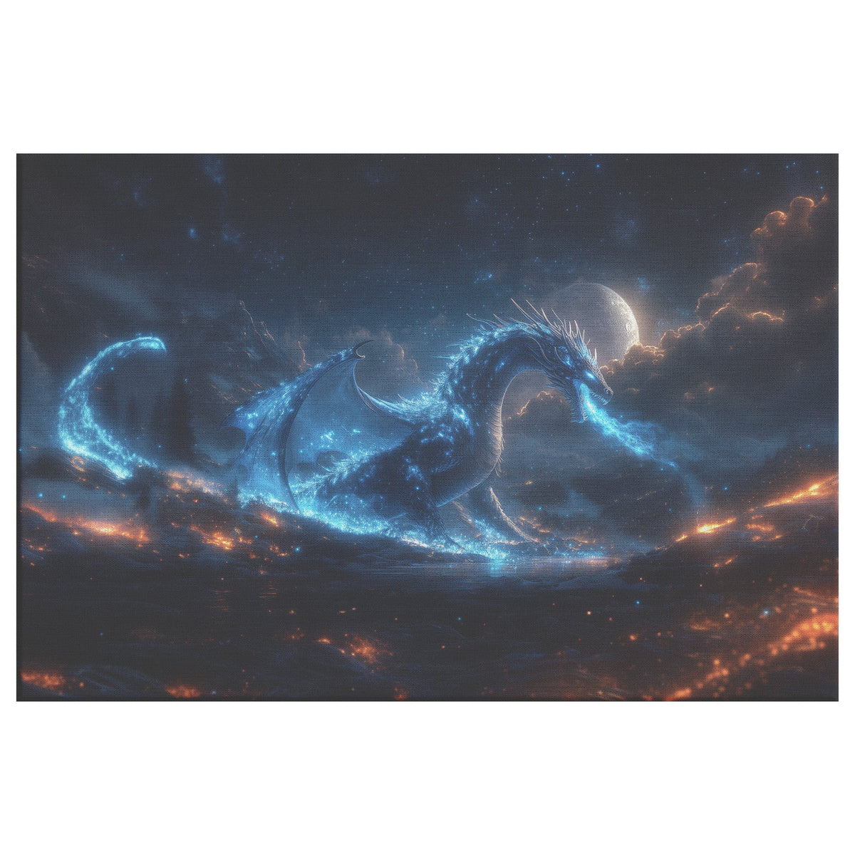 Blue Dragon Breathing Blue Fire in Bioluminescent Forest Under Full Moon with Silver Scales Canvas Wall Art Decor - Awakening Righteousness