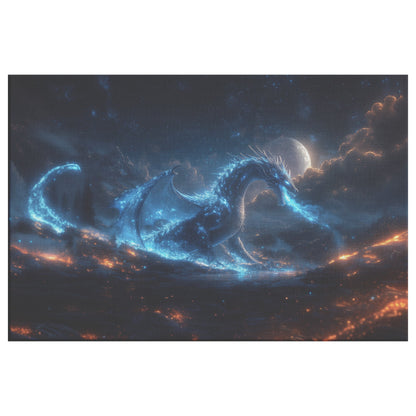 Blue Dragon Breathing Blue Fire in Bioluminescent Forest Under Full Moon with Silver Scales Canvas Wall Art Decor - Awakening Righteousness
