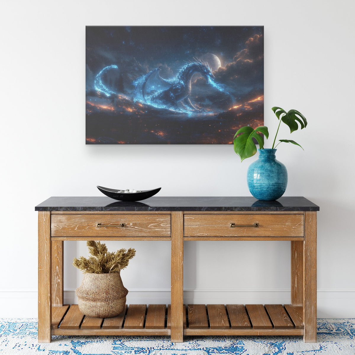 Blue Dragon Breathing Blue Fire in Bioluminescent Forest Under Full Moon with Silver Scales Canvas Wall Art Decor - Awakening Righteousness