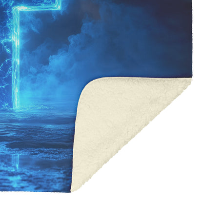 Blue Radiant Cross Fleece Sherpa Blanket Mystical Glow Design Christian Art Cozy Inspirational Home Gift - Awakening Righteousness