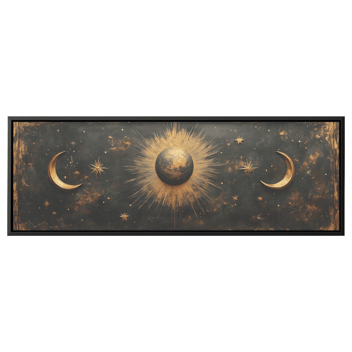 Bold Celestial Boho Pattern Crescent Moons Radiating Starbursts Earthy Mustard Beige Tones Ultra High Definition Refined Details Panoramic Framed Canvas Wall Art - Awakening Righteousness