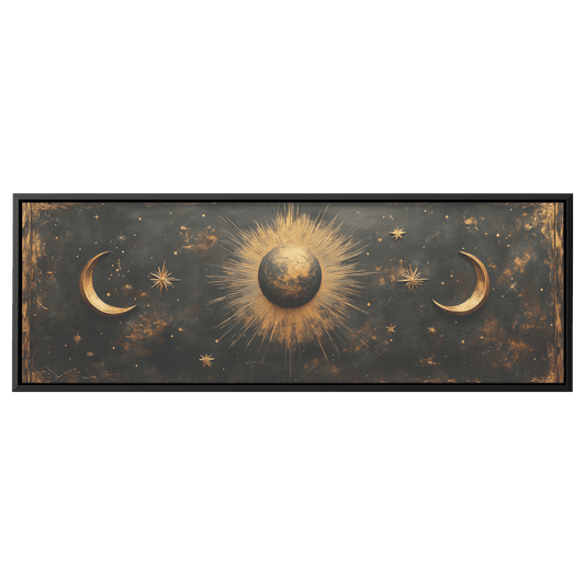 Bold Celestial Boho Pattern Crescent Moons Radiating Starbursts Earthy Mustard Beige Tones Ultra High Definition Refined Details Panoramic Framed Canvas Wall Art - Awakening Righteousness