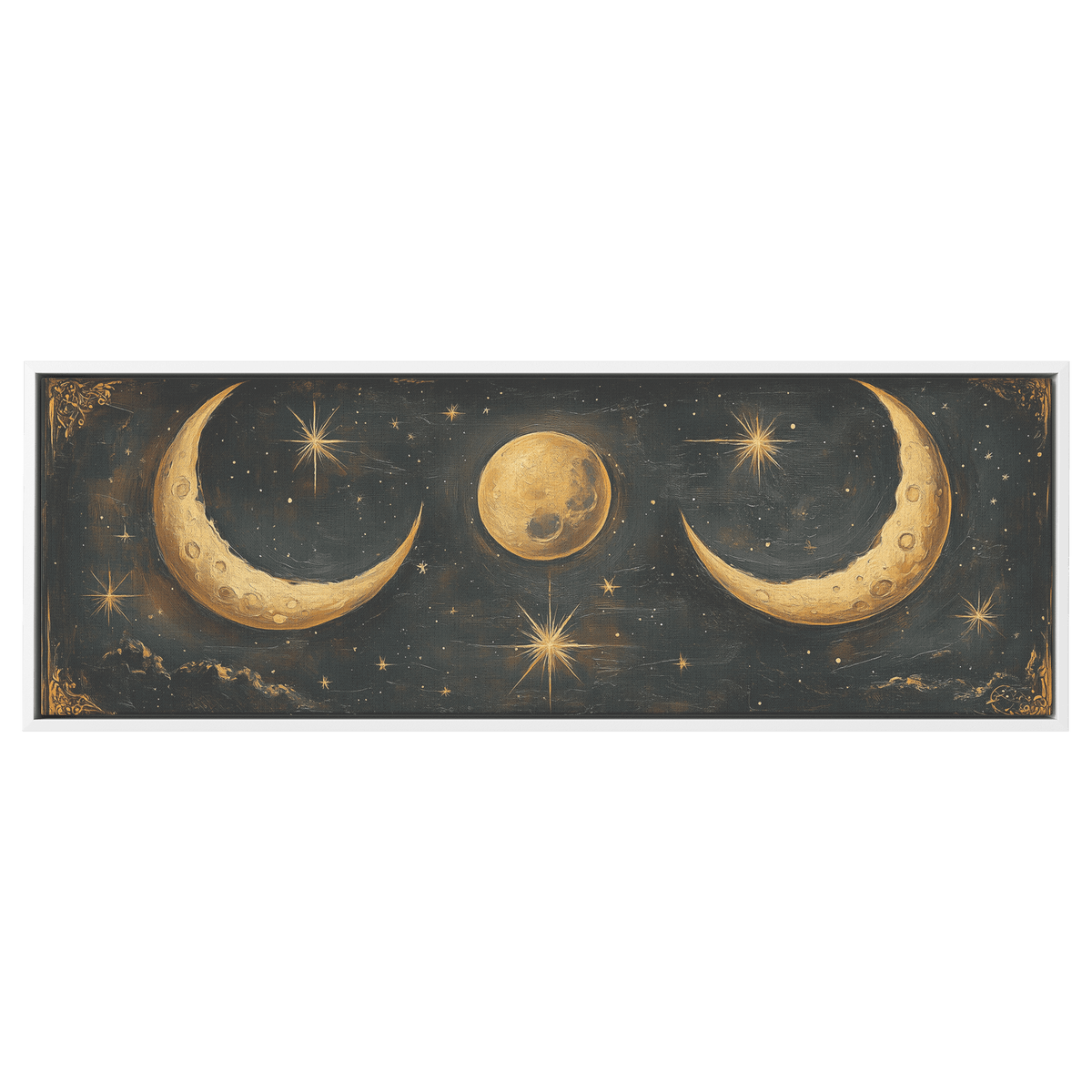 Bold Celestial Boho Pattern Crescent Moons Radiating Starbursts Earthy Mustard Beige Tones Ultra High Definition Refined Details Panoramic Framed Canvas Wall Art - Awakening Righteousness