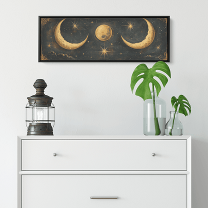 Bold Celestial Boho Pattern Crescent Moons Radiating Starbursts Earthy Mustard Beige Tones Ultra High Definition Refined Details Panoramic Framed Canvas Wall Art - Awakening Righteousness