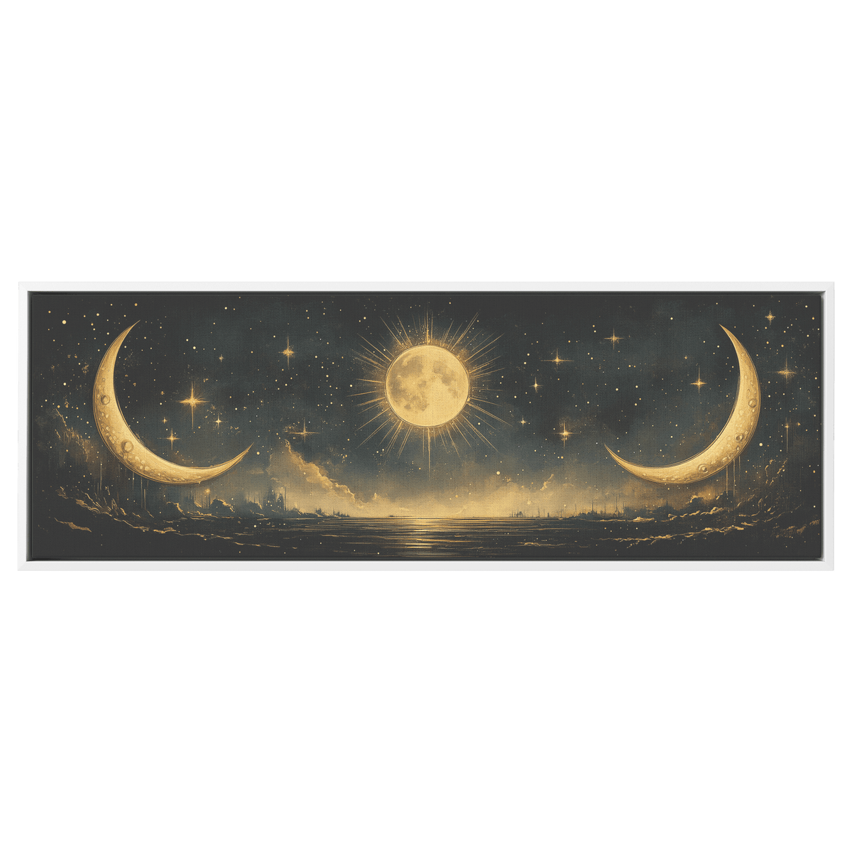 Bold Celestial Boho Pattern Crescent Moons Radiating Starbursts Earthy Mustard Beige Tones Ultra High Definition Refined Details Panoramic Framed Canvas Wall Art - Awakening Righteousness