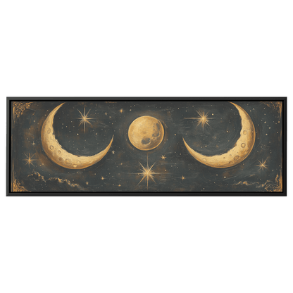 Bold Celestial Boho Pattern Crescent Moons Radiating Starbursts Earthy Mustard Beige Tones Ultra High Definition Refined Details Panoramic Framed Canvas Wall Art - Awakening Righteousness