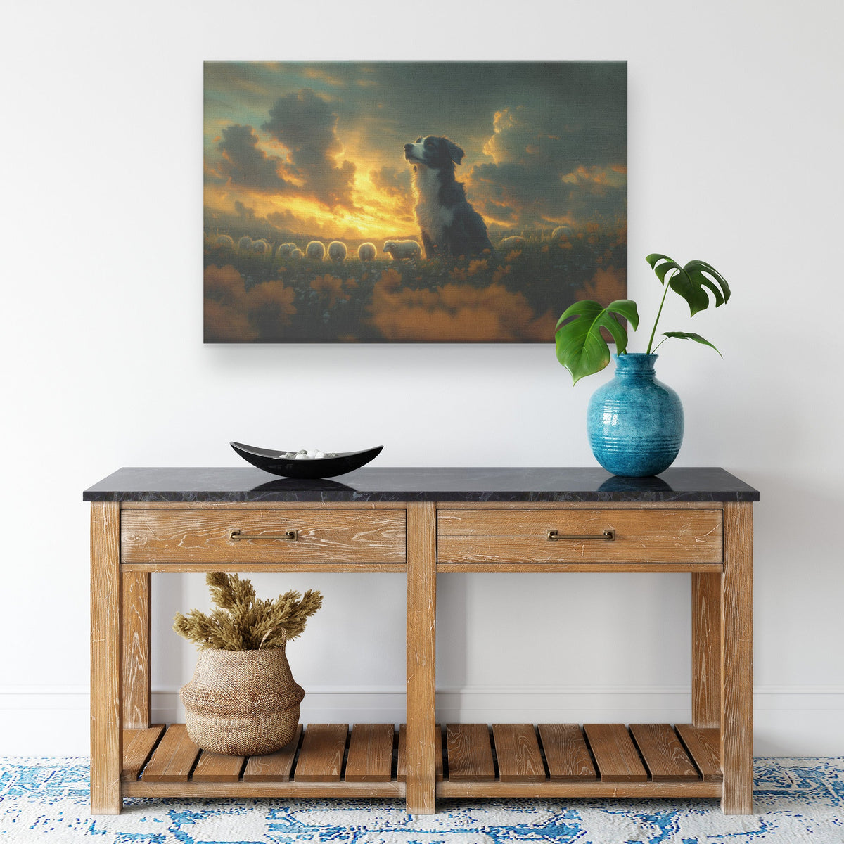 Border Collie Wall Art in Glowing Green Meadow with Sheep Rustic Countryside Decor Perfect for Nature Lovers - Awakening Righteousness