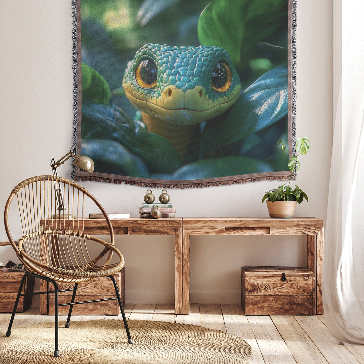 Bright green snake with vibrant yellow accents in lush green foliage woven throw blanket playful reptile decor nature art - Awakening Righteousness
