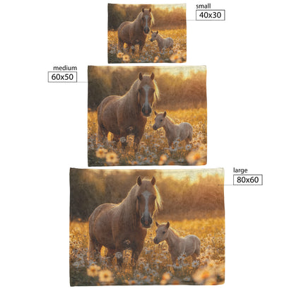 Brown Mare and Foal Grazing in Wildflower Meadow Under Soft Golden Sunlight Fleece Sherpa Blanket - Awakening Righteousness