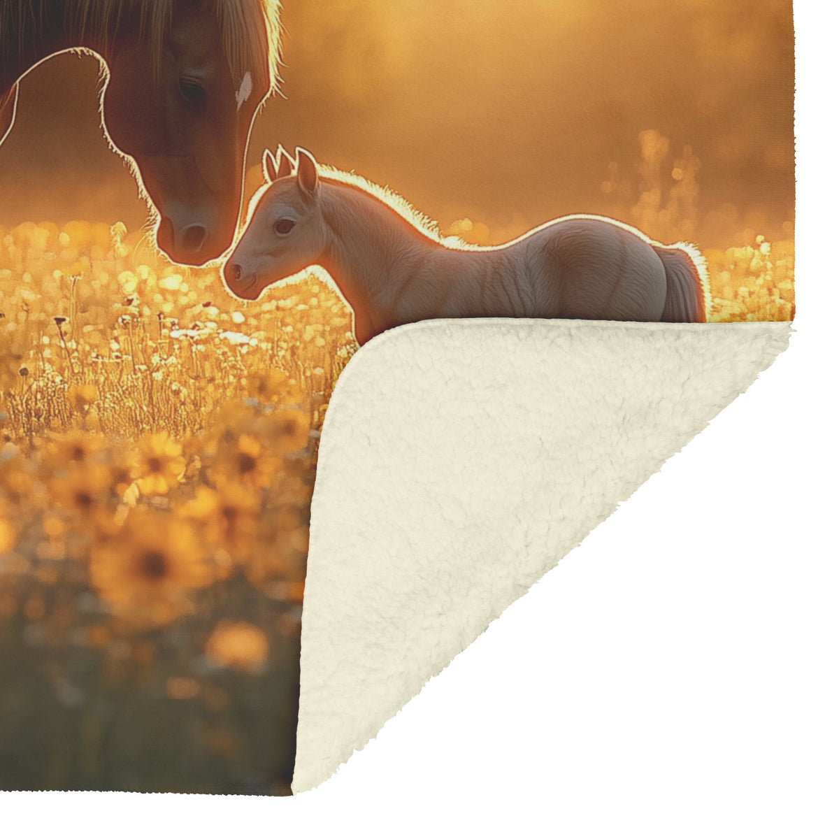 Brown Mare and Foal Grazing in Wildflower Meadow Under Soft Golden Sunlight Fleece Sherpa Blanket - Awakening Righteousness