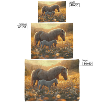 Brown Mare and Foal Grazing Peacefully in Wildflower Meadow Under Soft Golden Sunlight Cozy Fleece Sherpa Blanket - Awakening Righteousness