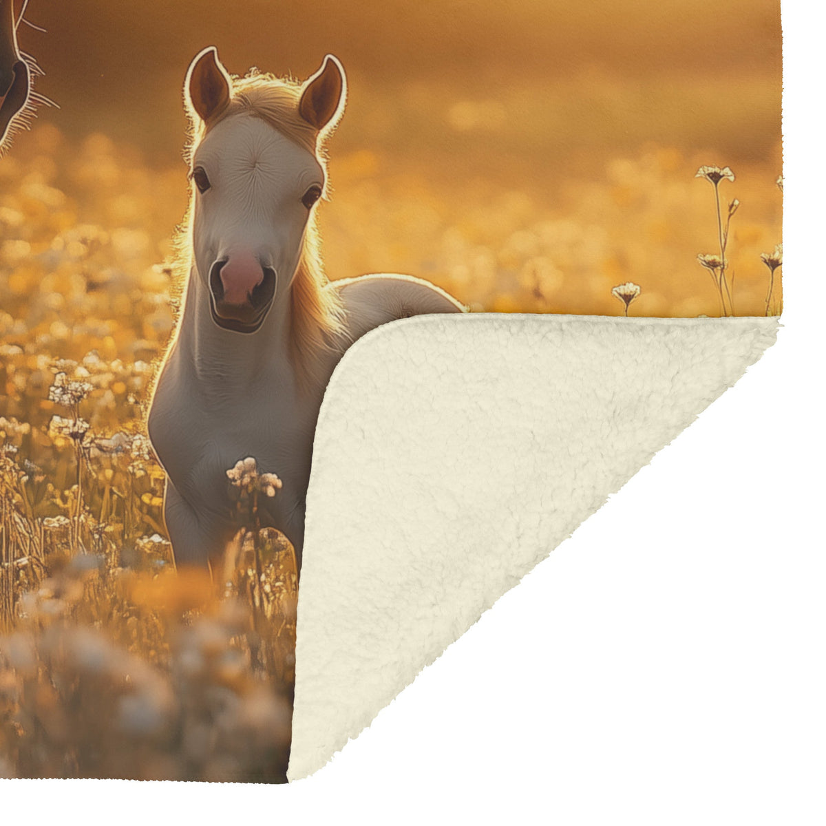 Brown Mare and Foal Grazing Peacefully in Wildflower Meadow Under Soft Golden Sunlight Cozy Fleece Sherpa Blanket - Awakening Righteousness