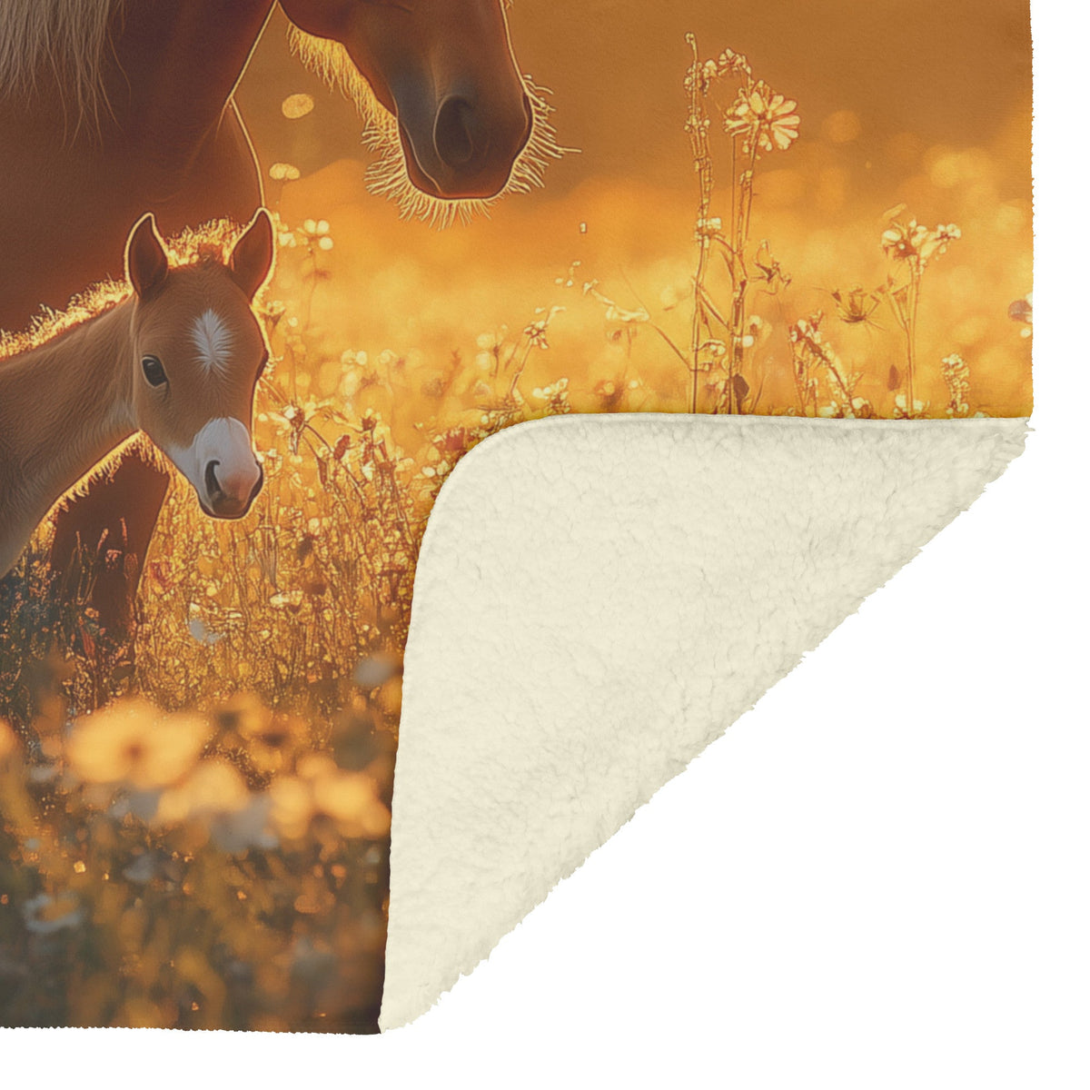 Brown Mare and Foal Grazing Peacefully in Wildflower Meadow Under Soft Golden Sunlight Cozy Fleece Sherpa Blanket - Awakening Righteousness