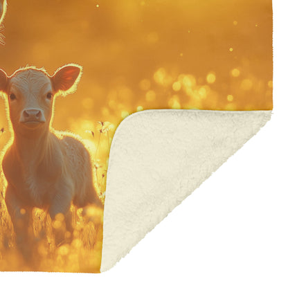 Calf with Mother in Sunlit Pasture Sherpa Fleece Blanket Glowing Light Tall Grass Peaceful Countryside Scene - Awakening Righteousness