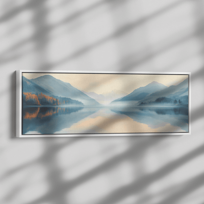 Calm Lake Scene Soft Beige Hills Muted Reflections Ultra High Definition Minimalist Elegance Panoramic Framed Canvas Wall Art - Awakening Righteousness