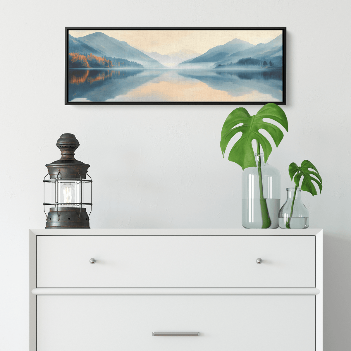 Calm Lake Scene Soft Beige Hills Muted Reflections Ultra High Definition Minimalist Elegance Panoramic Framed Canvas Wall Art - Awakening Righteousness
