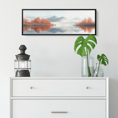 Calm Lake Soft Beige Hills Muted Reflections Minimalist Elegance Ultra High Definition Panoramic Framed Canvas Wall Art - Awakening Righteousness