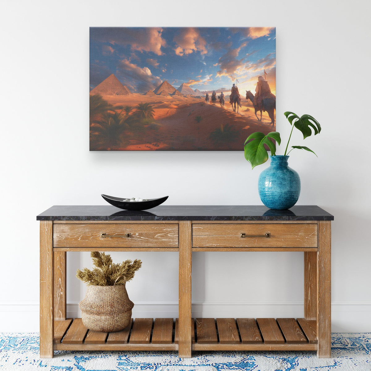 Camel Caravan Journey at Sunset with Pyramids in Desert Canvas Wall Art Decor - Awakening Righteousness