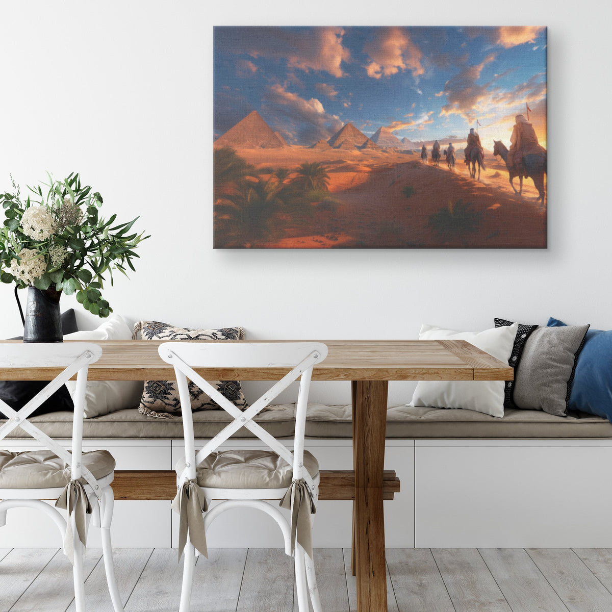 Camel Caravan Journey at Sunset with Pyramids in Desert Canvas Wall Art Decor - Awakening Righteousness