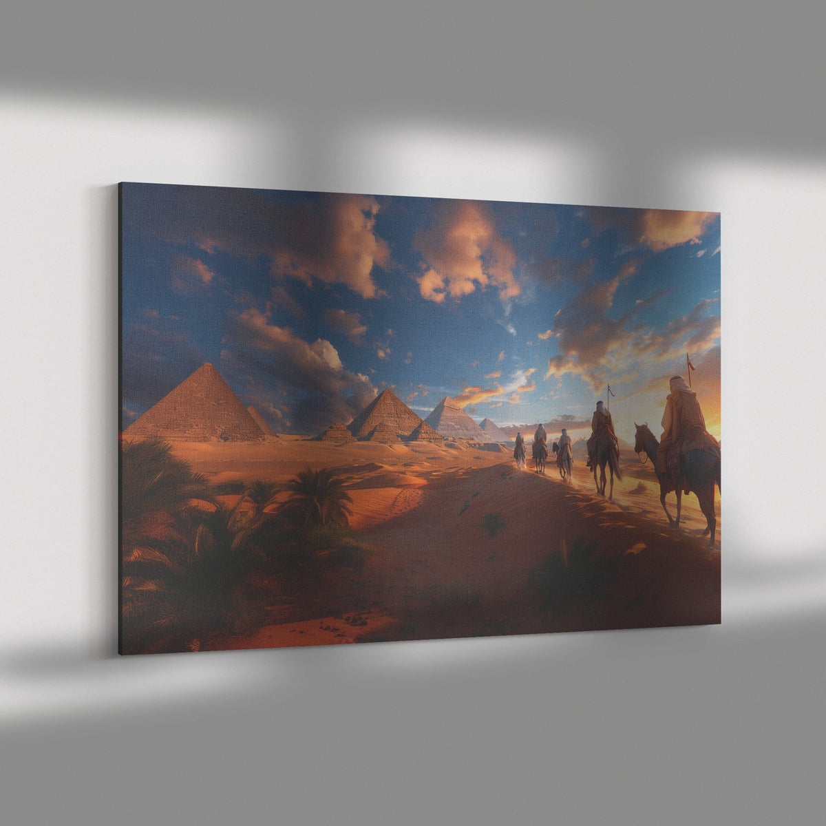 Camel Caravan Journey at Sunset with Pyramids in Desert Canvas Wall Art Decor - Awakening Righteousness