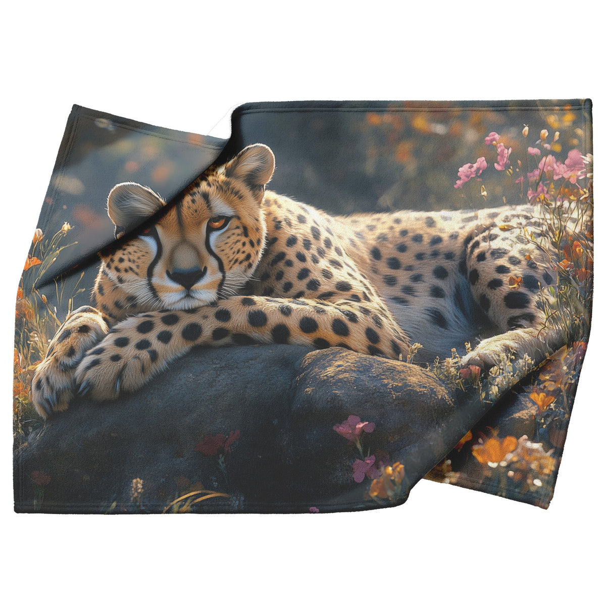 Cheetah Lounging on Rock Surrounded by Vibrant Grass and Blooming Flowers Cozy Sherpa Blanket - Awakening Righteousness