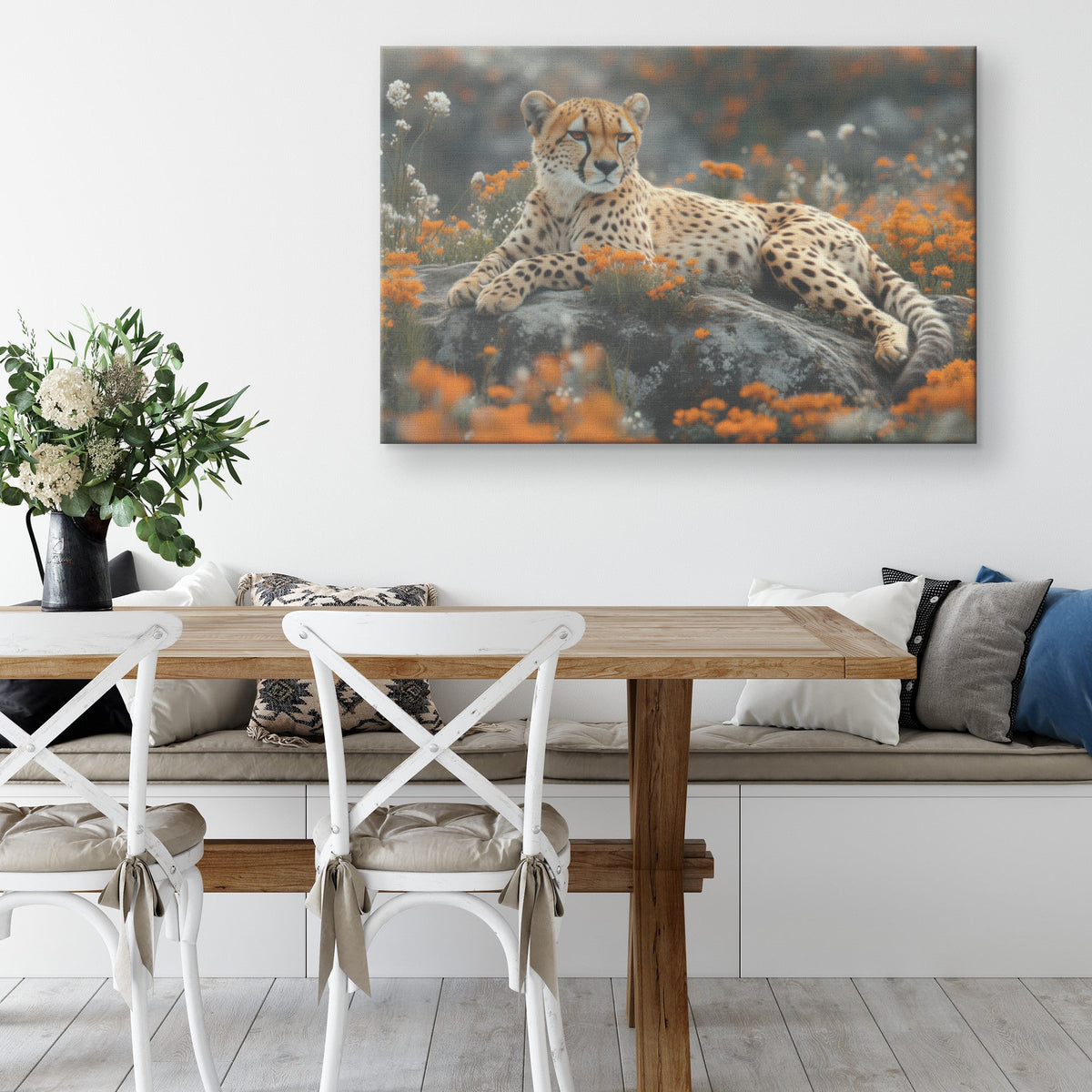 Cheetah Lounging on Rock Vibrant Grass Blooming Flowers Intricate Fur Textures Wildlife Canvas Wall Art Decor - Awakening Righteousness