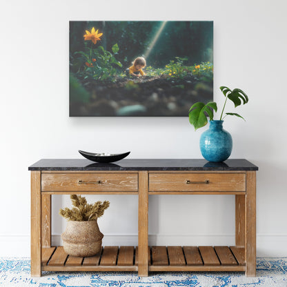 Child Exploring Lush Forest Floor with Vibrant Flowers and Radiant Sunbeam Canvas Wall Art Decor for Nature Lovers - Awakening Righteousness