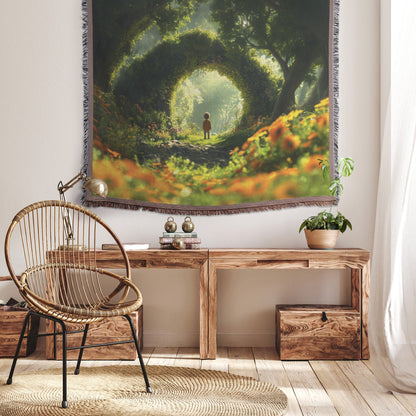 Child in Enchanted Forest Archway Woven Throw Blanket - Awakening Righteousness
