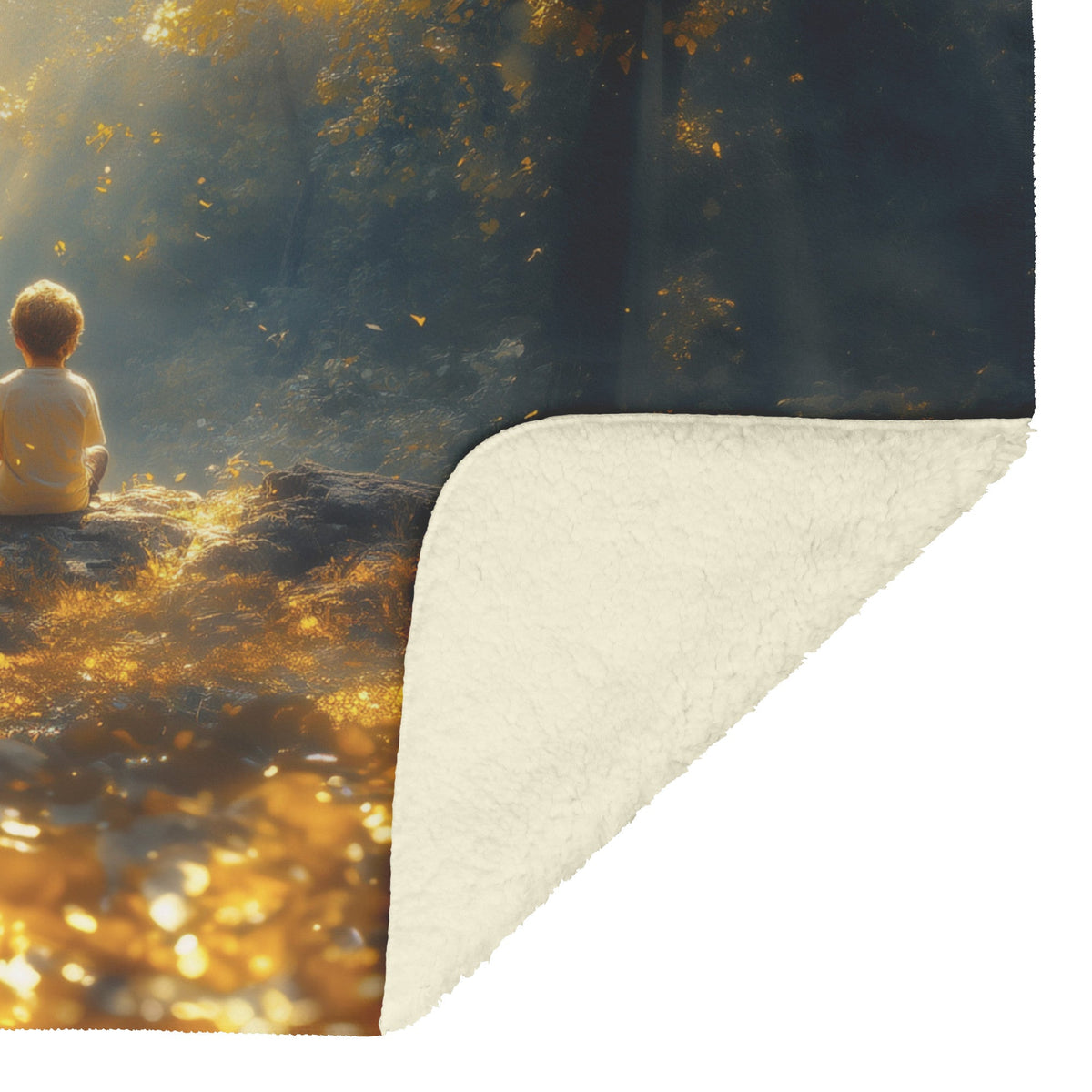 Child in Prayer Beneath Towering Tree in Serene Forest Cozy Christian Fleece Sherpa Blanket - Awakening Righteousness