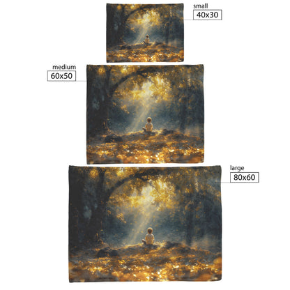 Child in Prayer Beneath Towering Tree in Serene Forest Cozy Christian Fleece Sherpa Blanket - Awakening Righteousness
