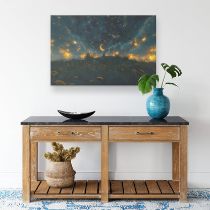 Child Praying Under Starry Night Sky with Crescent Moon and Glowing Clouds Christian Canvas Wall Art Decor - Awakening Righteousness