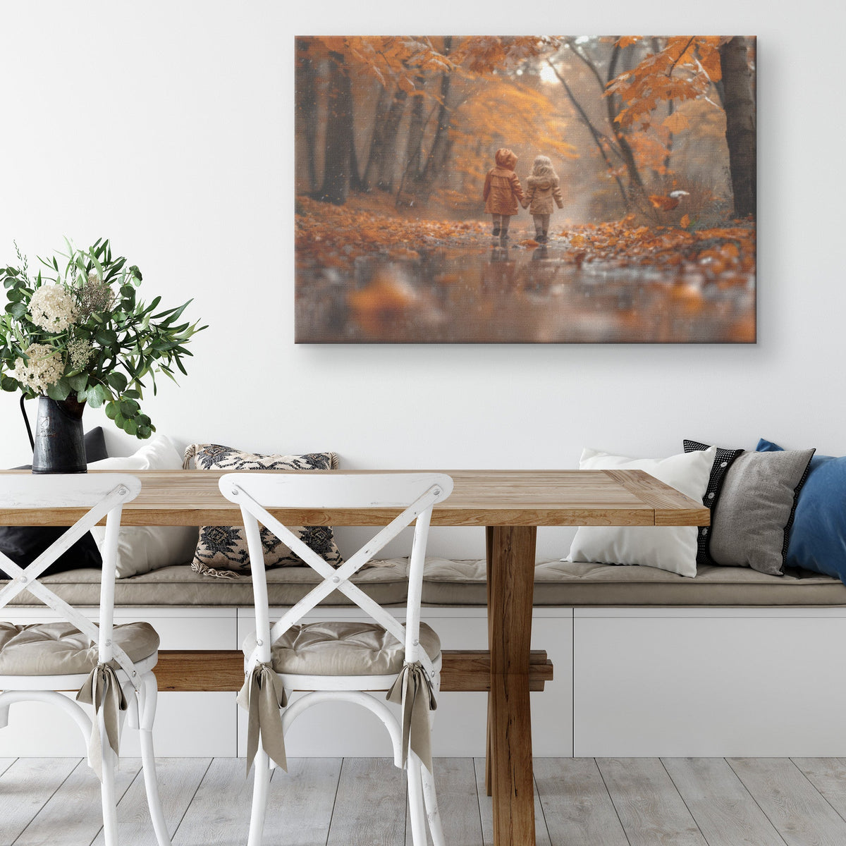 Children Holding Hands in Autumn Forest with Raindrops Canvas Wall Art Decor - Awakening Righteousness