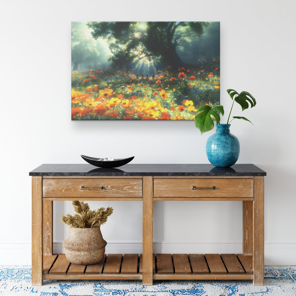 Children in Blooming Field Beneath Radiant Sunlight and Majestic Tree Christian Canvas Wall Art Decor - Awakening Righteousness