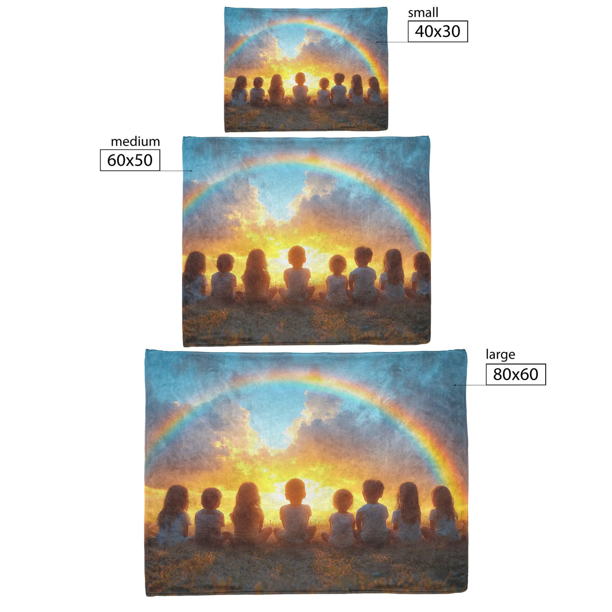 Children Under Rainbow Fleece Sherpa Blanket Featuring Radiant Sunset and Symbol of Hope and Unity - Awakening Righteousness